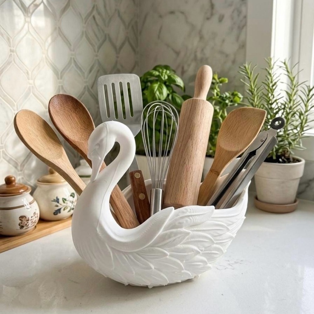 3D printed  Swan  Utensil Holder - Elegant Kitchen Counter Organizer